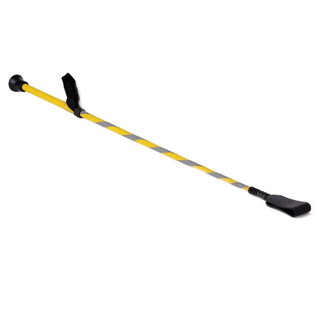 Yellow and gray striped harlequin reflective riding crop with black rubber grips for high visibility use