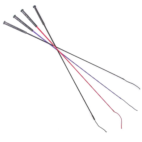 Five harlequin schooling whips with textured black handles and red purple blue and black shafts in a plain design schooling whip set