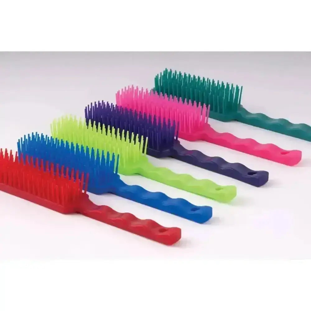 A set of colorful harlequin tangle wrangler brilliant de-tangler combs with wavy handles and dense bristles for mane & tail