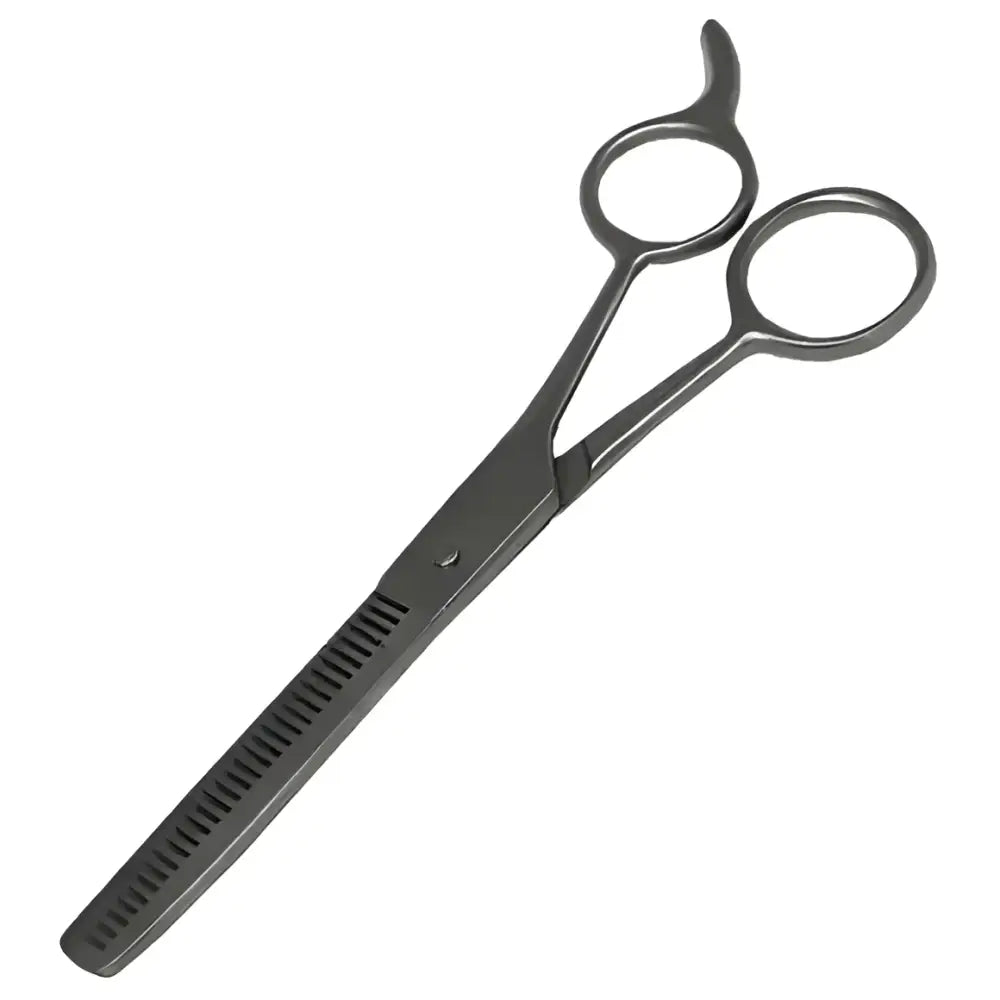Black metal harlequin thinning scissors with serrated blade for precise styling available at barnstaple equestrian supplies