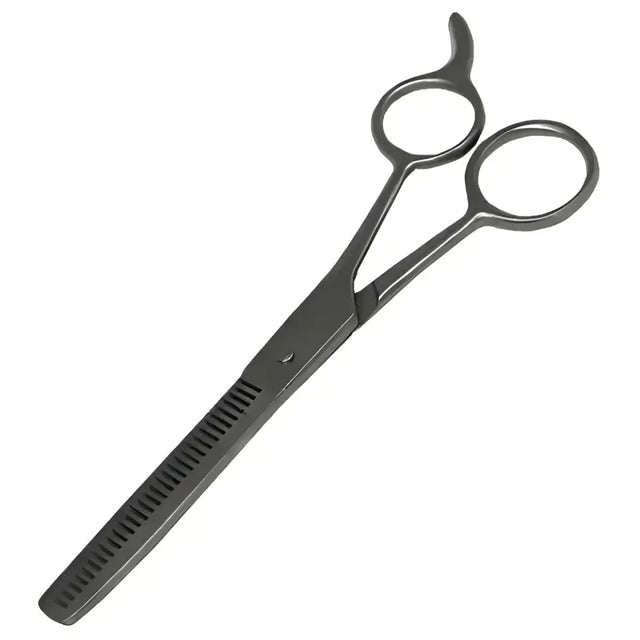 Black metal harlequin thinning scissors with serrated blade for precise styling available at barnstaple equestrian supplies