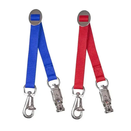 Blue and red harlequin trailer ties leash dividers with silver metal clasps for organizing horse halters and gear