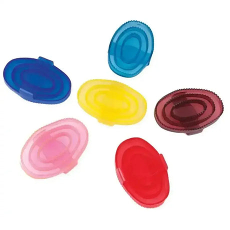Colorful blue yellow pink red and maroon oval lids for harlequin transparent curry comb and traditional rubber curry use