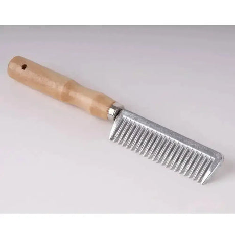 Silver metal harlequin wooden handle comb with a light brown wooden varnished handle for mane and tail use