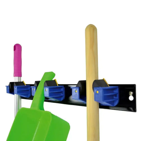 Black plastic wall-mounted harold moore moore-fix hanger triple with blue clamps holding cleaning tools