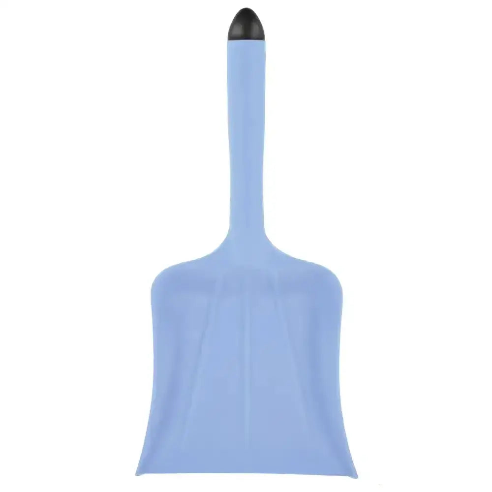 Light blue harold moore hand shovel with black tipped handle and reinforced flared blade for easy scooping