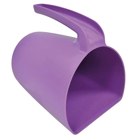 Purple plastic harold moore jug scoop with a curved handle for easy pouring and scooping tasks
