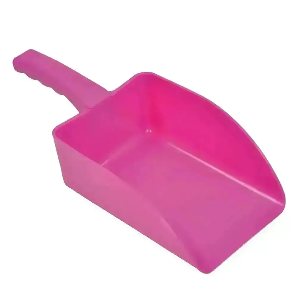 Bright pink plastic dustpan with molded handle for harold moore large horse feed scoops and large horse feed use