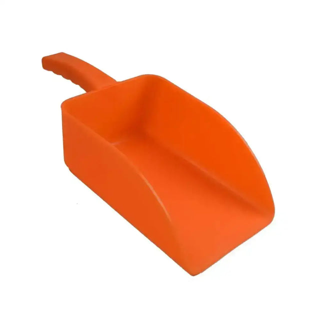 Bright orange plastic dustpan with molded handle for harold moore medium horse feed scoops use