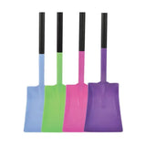 Four colorful harold moore multi-purpose ultra light shovels in blue pink green and purple with black handles and glossy finish