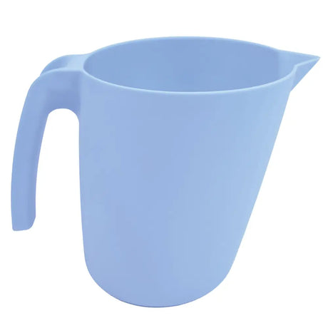 Light blue plastic harold moore pouring jug with handle spout and centrally positioned increment for easy measuring