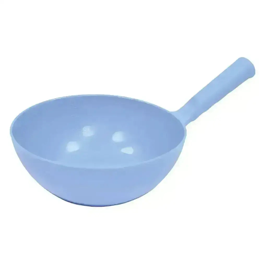 Light blue plastic harold moore round feed scoop with smooth rounded bowl and integrated handle for easy scooping