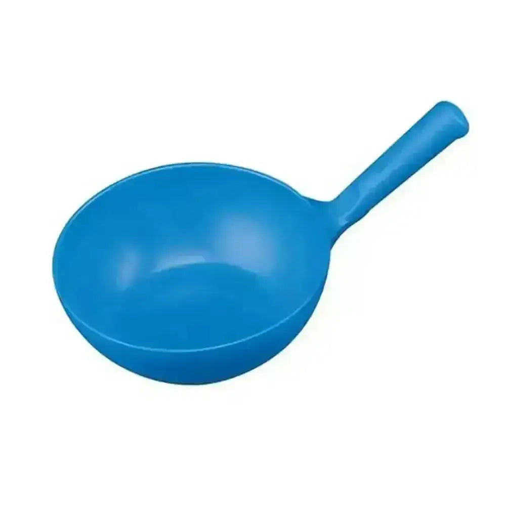 Bright blue plastic harold moore round feed scoop with smooth rounded handle for easy scooping tasks
