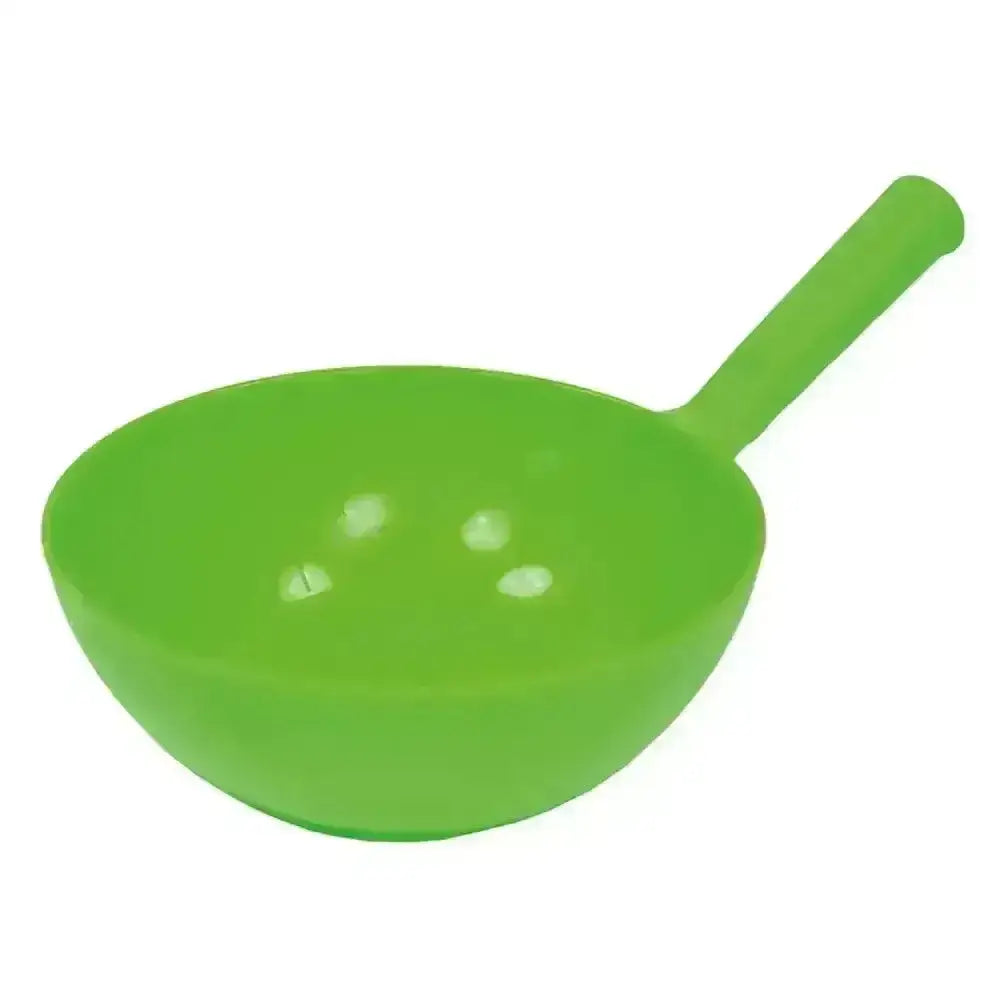 Bright green plastic harold moore round feed scoop with smooth rounded bowl and integrated handle for easy use