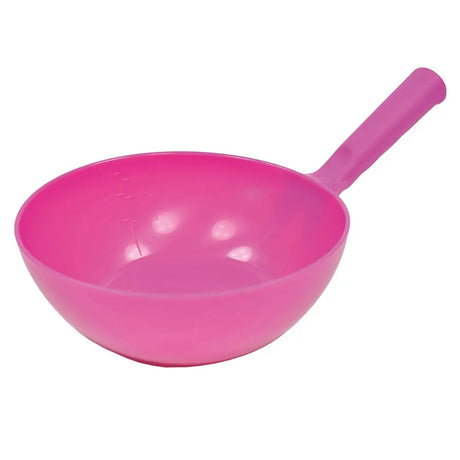 Bright pink plastic harold moore round feed scoop with matching handle for easy feed scooping tasks
