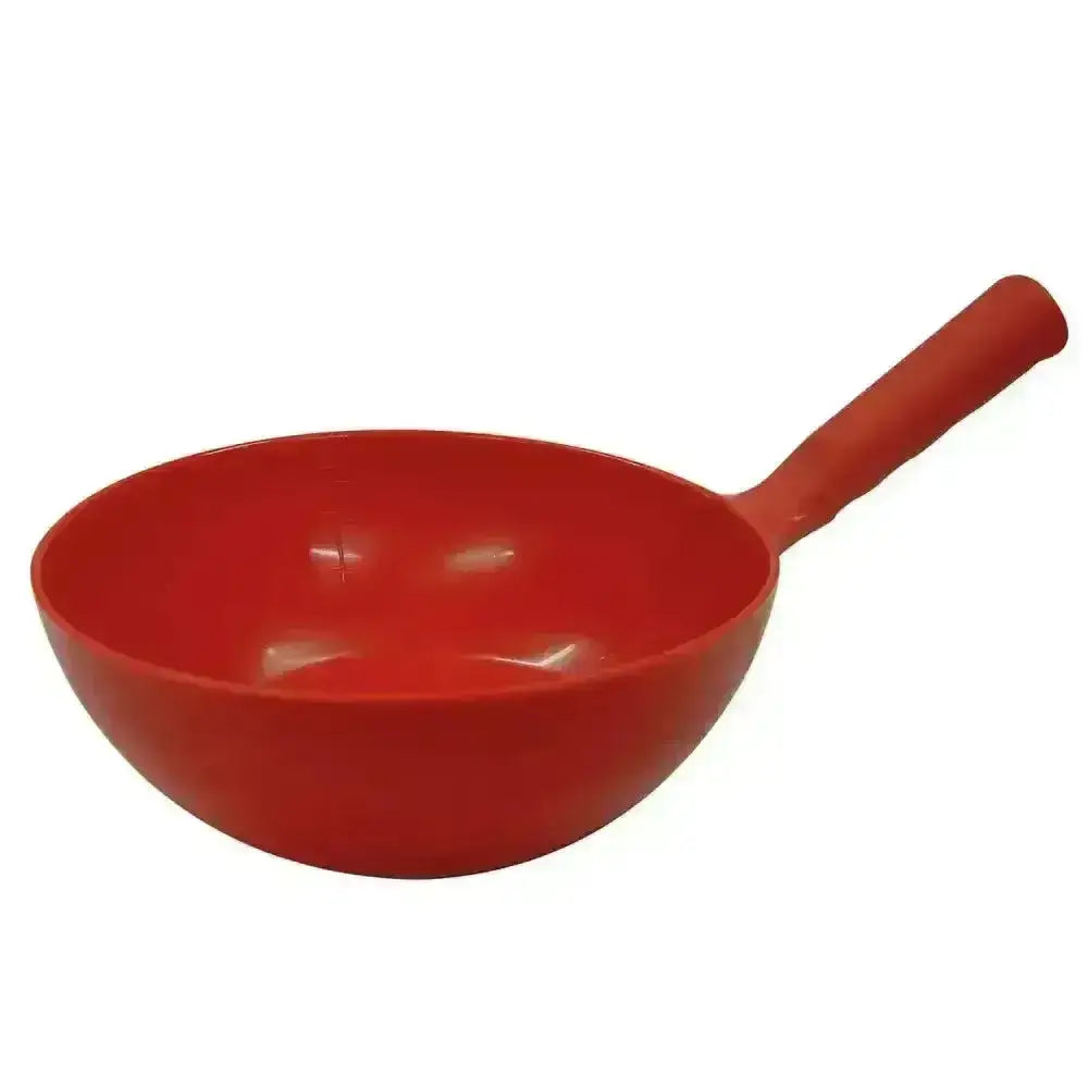 Red plastic harold moore round feed scoop with smooth glossy finish and integrated handle for easy use