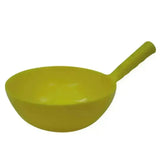 Bright yellow plastic harold moore round feed scoop with smooth bowl and textured handle for easy scooping