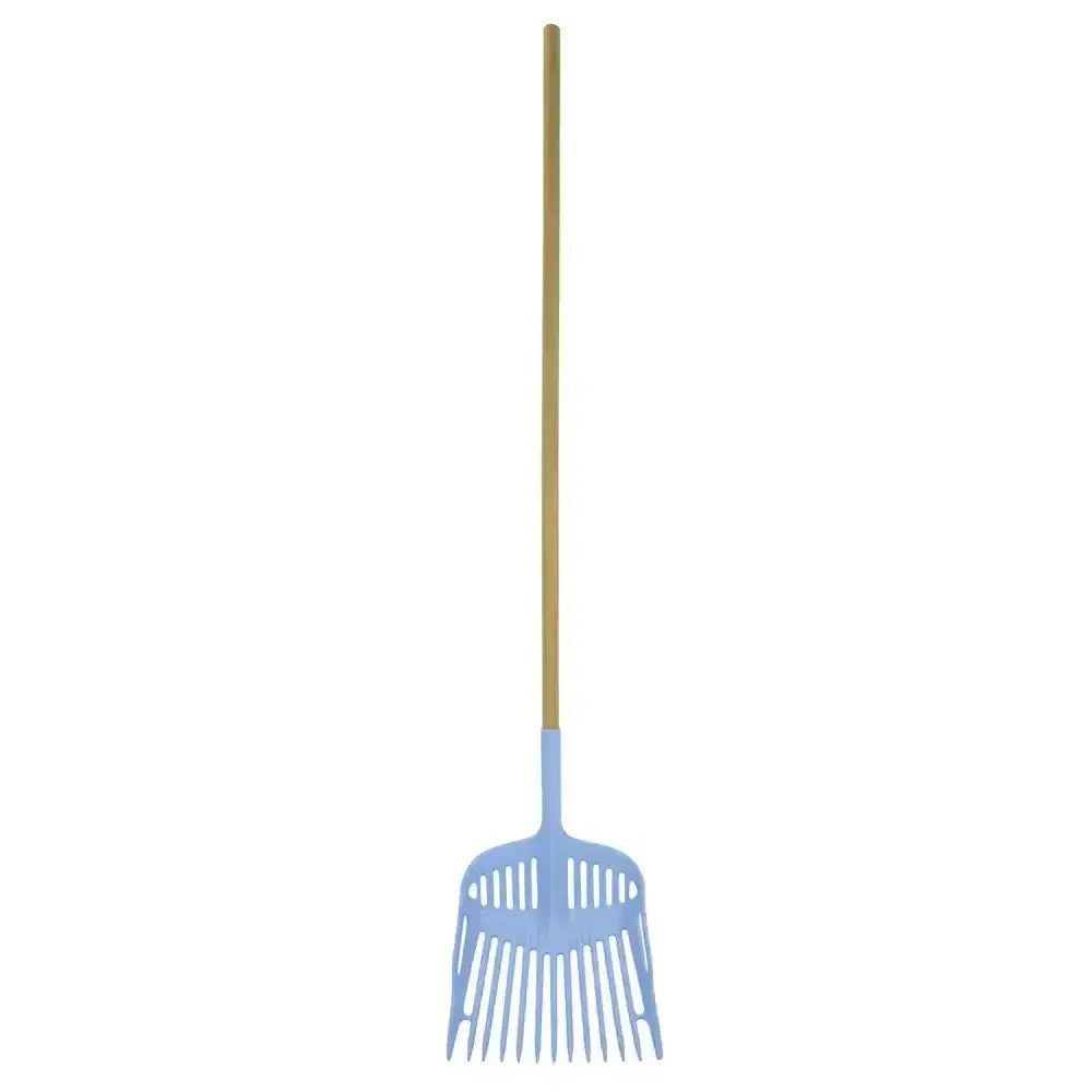 Light blue harold moore shavings fork with wooden handle large fork provide for easy shavings handling