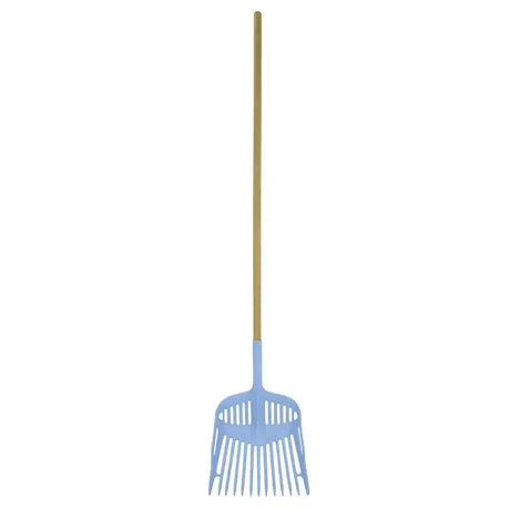 Light blue harold moore shavings fork with wooden handle large fork provide for easy shavings handling