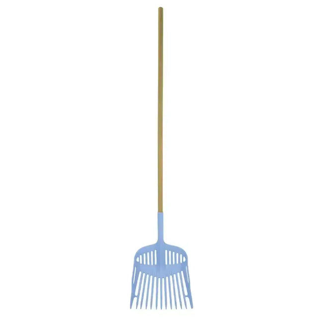 Light blue harold moore shavings fork with wooden handle large fork provide for easy shavings handling