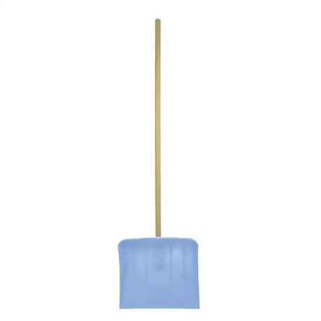 Light blue harold moore shavings shifter plastic snow shovel with extra wide blade and wooden handle