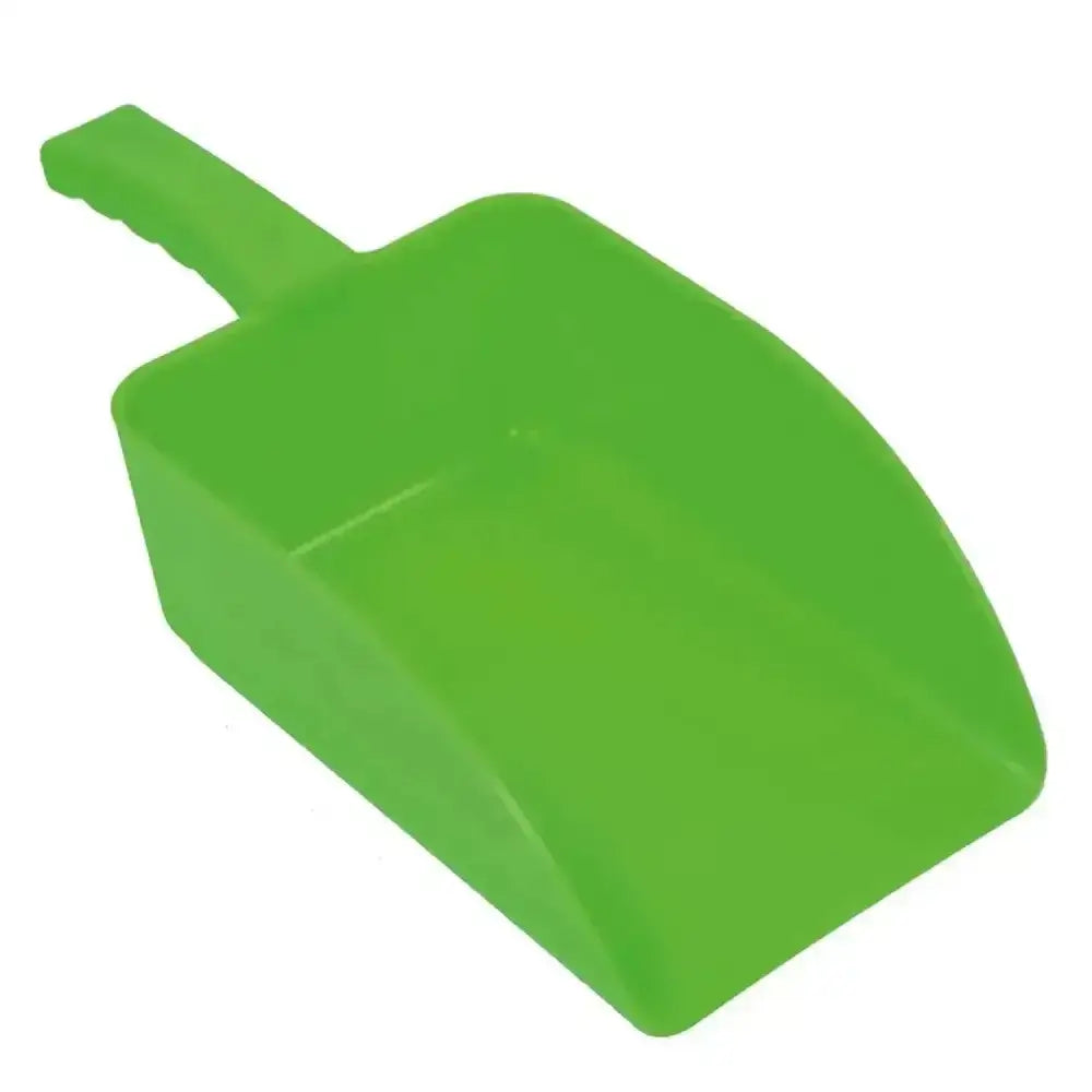 Bright green plastic dustpan with molded handle for easy use in harold moore small horse feed scoops