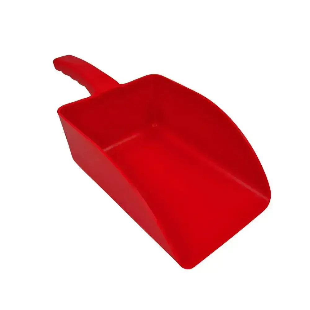 Red plastic dustpan with curved handle and glossy finish from harold moore small horse feed scoops line