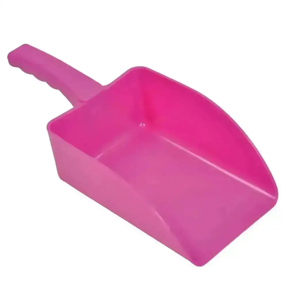 Bright pink plastic dustpan with molded handle for easy use in harold moore small horse feed scoops collection