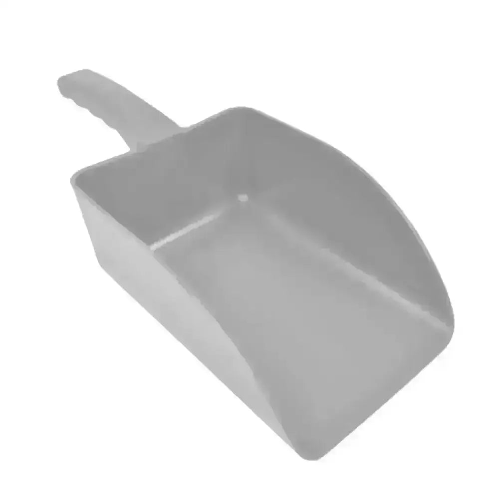 Gray plastic harold moore small horse feed scoop with molded handle and curved scoop for easy horse feed scoops use