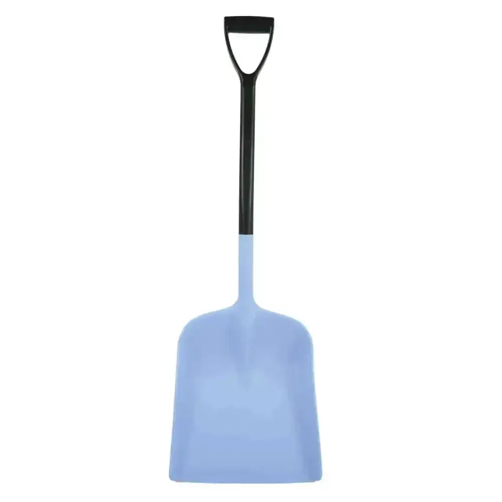 Light blue plastic stable master shovel with black d-shaped handle from harold moore stable for easy stable cleaning