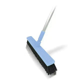 Light blue plastic harold moore stable floor brush with black bristles and silver handle for professional equine environment use