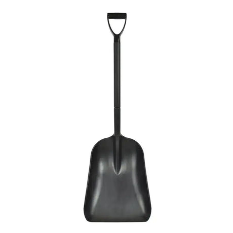 Black plastic harold moore super pan shovel with hollow d-grip cone handle and wide curved blade for easy digging
