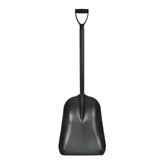 Black plastic harold moore super pan shovel with hollow d-grip cone handle and wide curved blade for easy digging