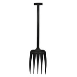 Black metal garden fork with t-shaped handle and four sharp tines harold moore unifork t-grip