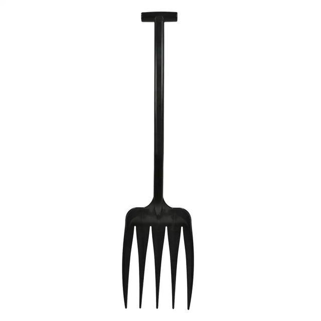 Black metal garden fork with t-shaped handle and four sharp tines harold moore unifork t-grip