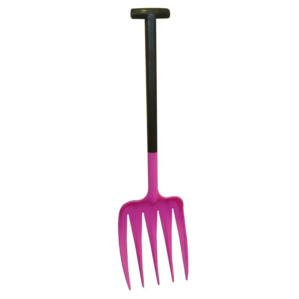 A vibrant pink plastic garden fork with black t-grip handle from harold moore unifork for easy gardening tasks