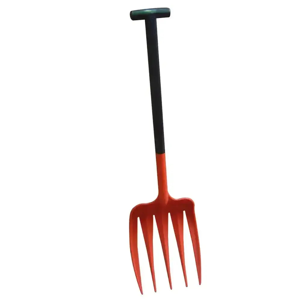 Red plastic garden fork with black handle and green grip in harold moore unifork t-grip design