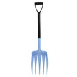 Light blue plastic Harold Moore Unifork yard fork with black d-shaped handle for easy gardening tasks