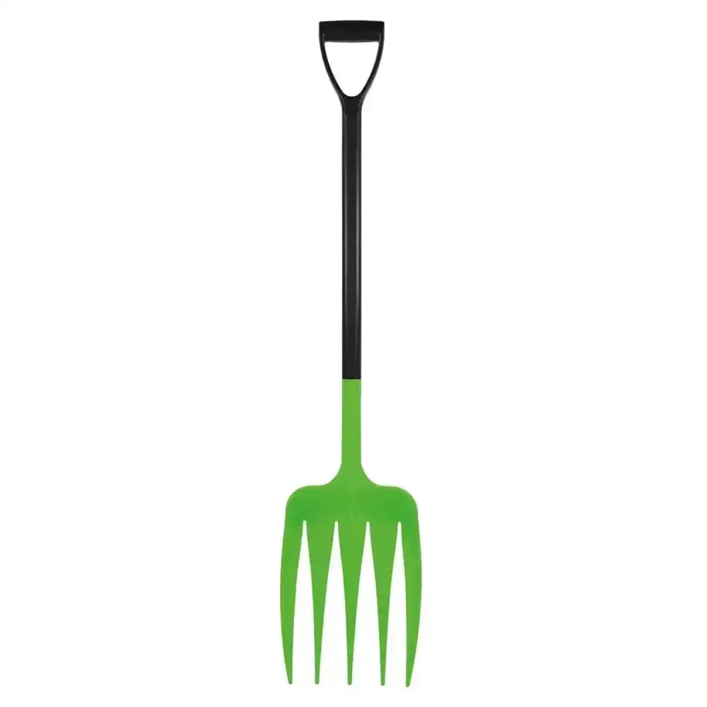 Bright green plastic harold moore unifork yard fork with black d handle for easy gardening tasks