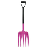 Pink plastic harold moore unifork yard fork with black d-shaped handle for easy garden digging and turning soil
