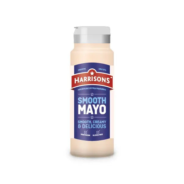 Harrisons mayonnaise 500ml in a clear plastic bottle with a silver cap and blue label perfect for smooth mayo fans