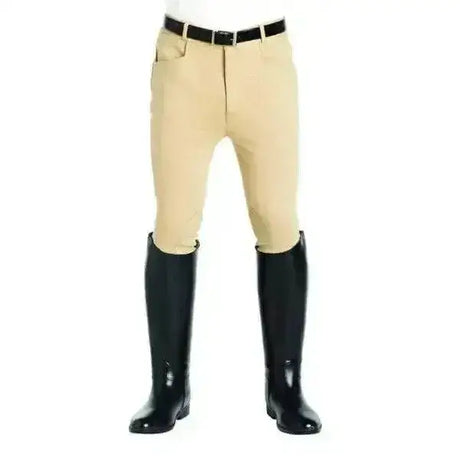 Beige harry hall burford mens breeches with black belt and matching knee-high boots for riding style