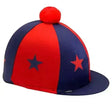 Red and navy blue striped equestrian hat silks with a red pom pom on top perfect for riding style