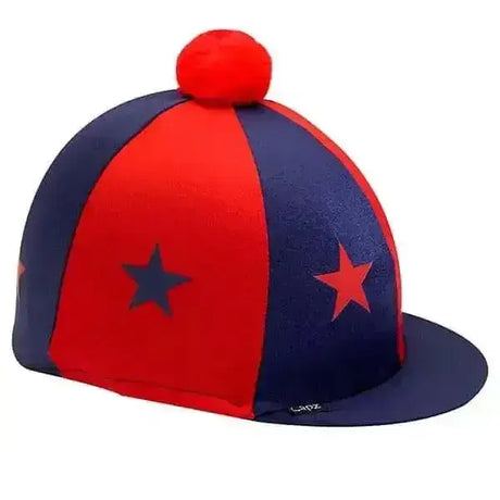 Red and navy blue striped equestrian hat silks with a red pom pom on top perfect for riding style
