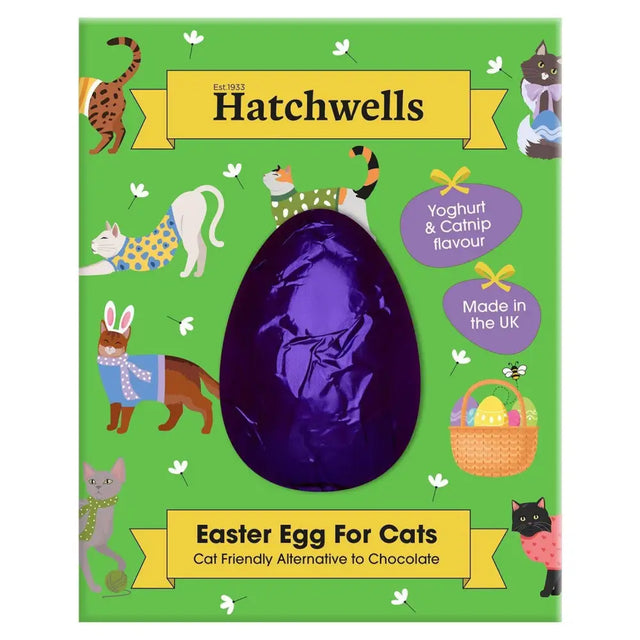 A glossy purple foil-wrapped hatchwells cat easter egg designed as a cat-friendly alternative to chocolate