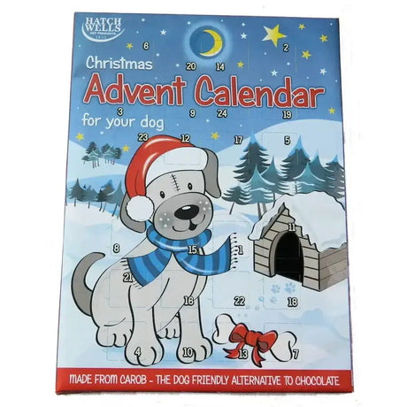 Hatchwells dog advent calendar featuring a cartoon white puppy in a santa hat with dog treats for christmas fun