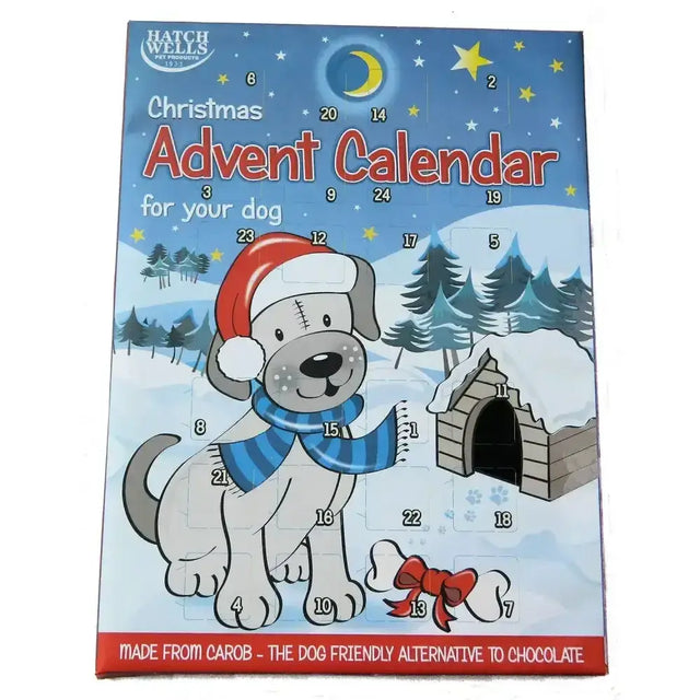 Hatchwells dog advent calendar featuring a cartoon white puppy in a santa hat with dog treats for christmas fun