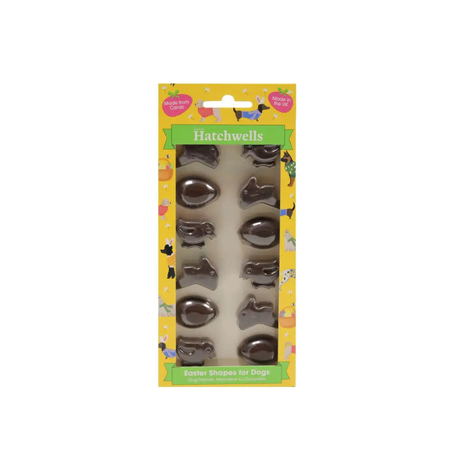 A package of hatchwells easter shapes dark chocolate dog treats shaped like bunnies and eggs for dogs