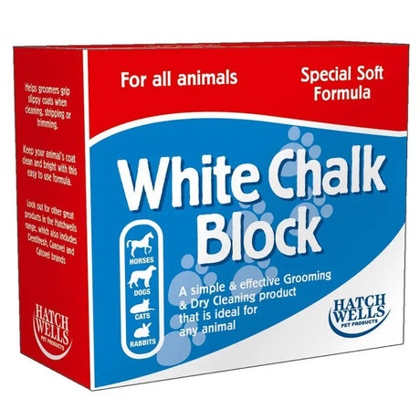 Red and blue cardboard box of Hatchwells white chalk block with special soft formula for pet grooming use