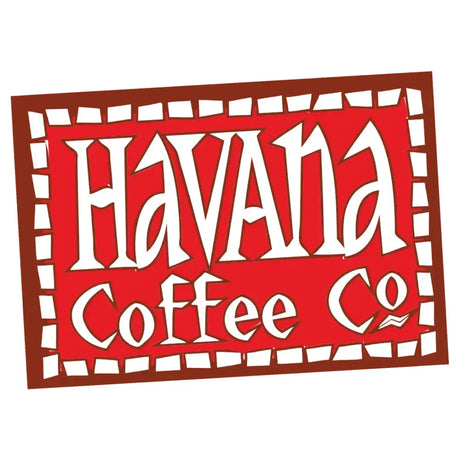 Red rectangular logo with white stylized lettering for havana coffee co and decorative border on havana hot drinks package